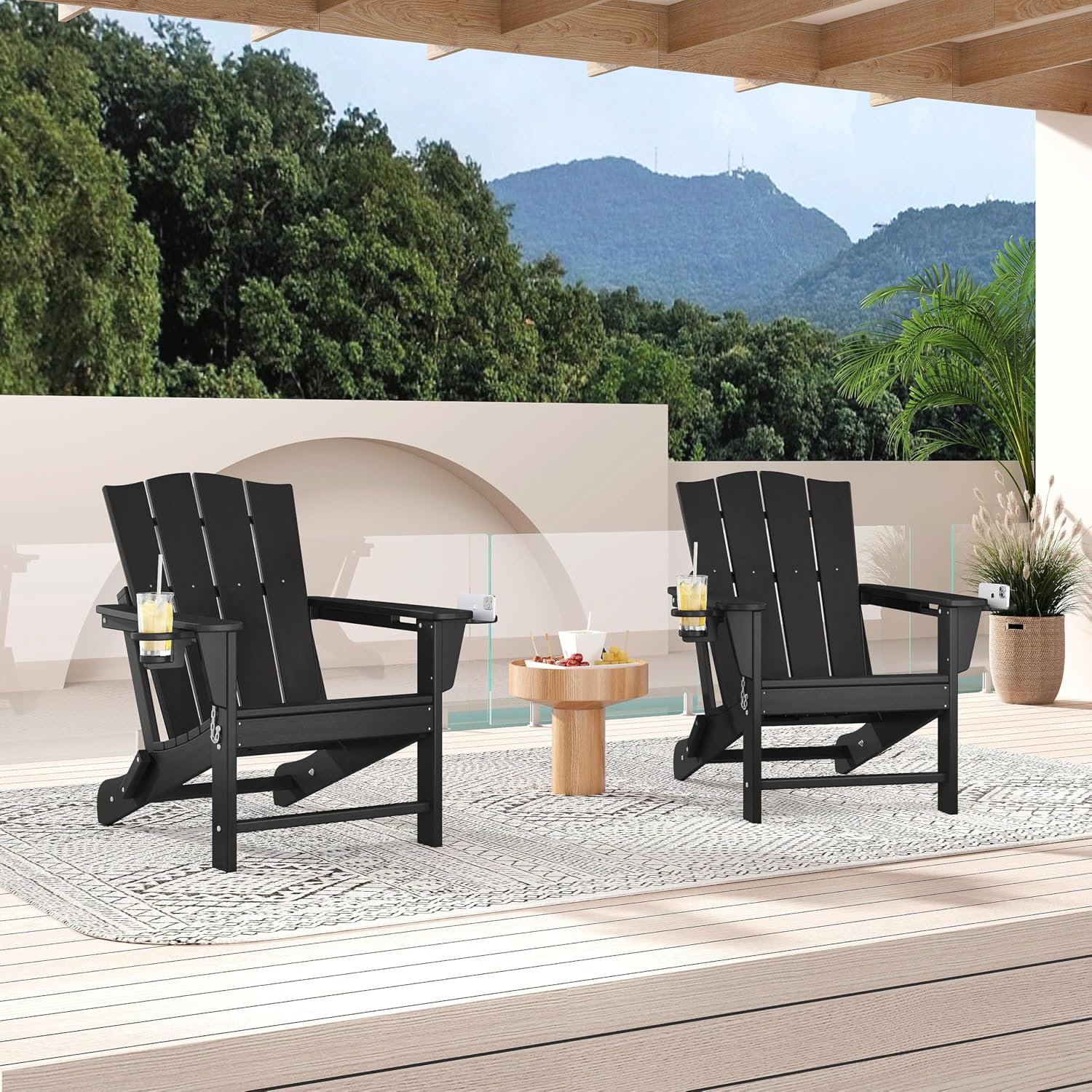 Yaheetech Folding Adirondack Chair Outdoor, HDPE Plastic Adirondack Chair with Cup/Mobile Phone Holder for Deck, Patio, Pool, Backyard, Weather Resistant, Wooden Texture, Easy Assembly Black