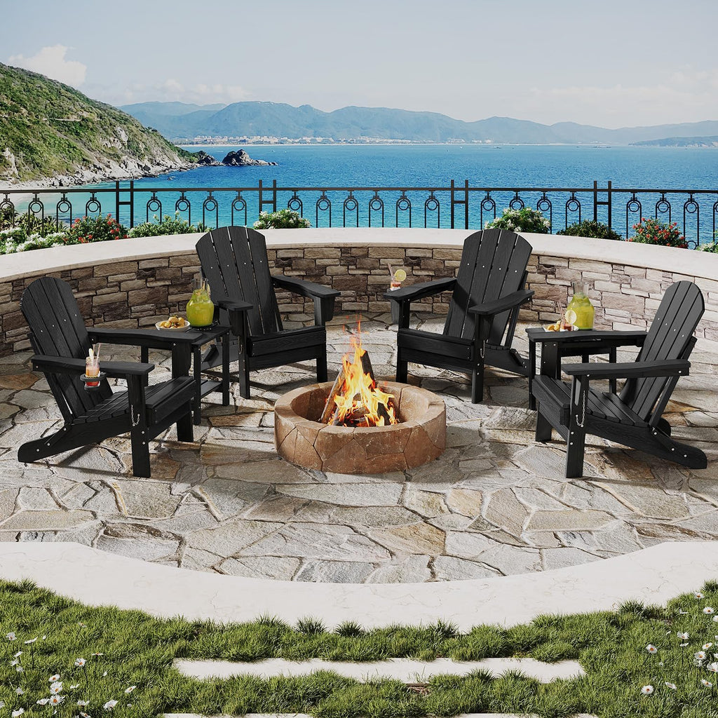 Garvee Folding Adirondack Chair Set of 4, HDPE Outdoor Patio Chair with Cup Holder, All Weather Resistent Wooden Textured for patios, Decks, Gardens, fire Pit, Black
