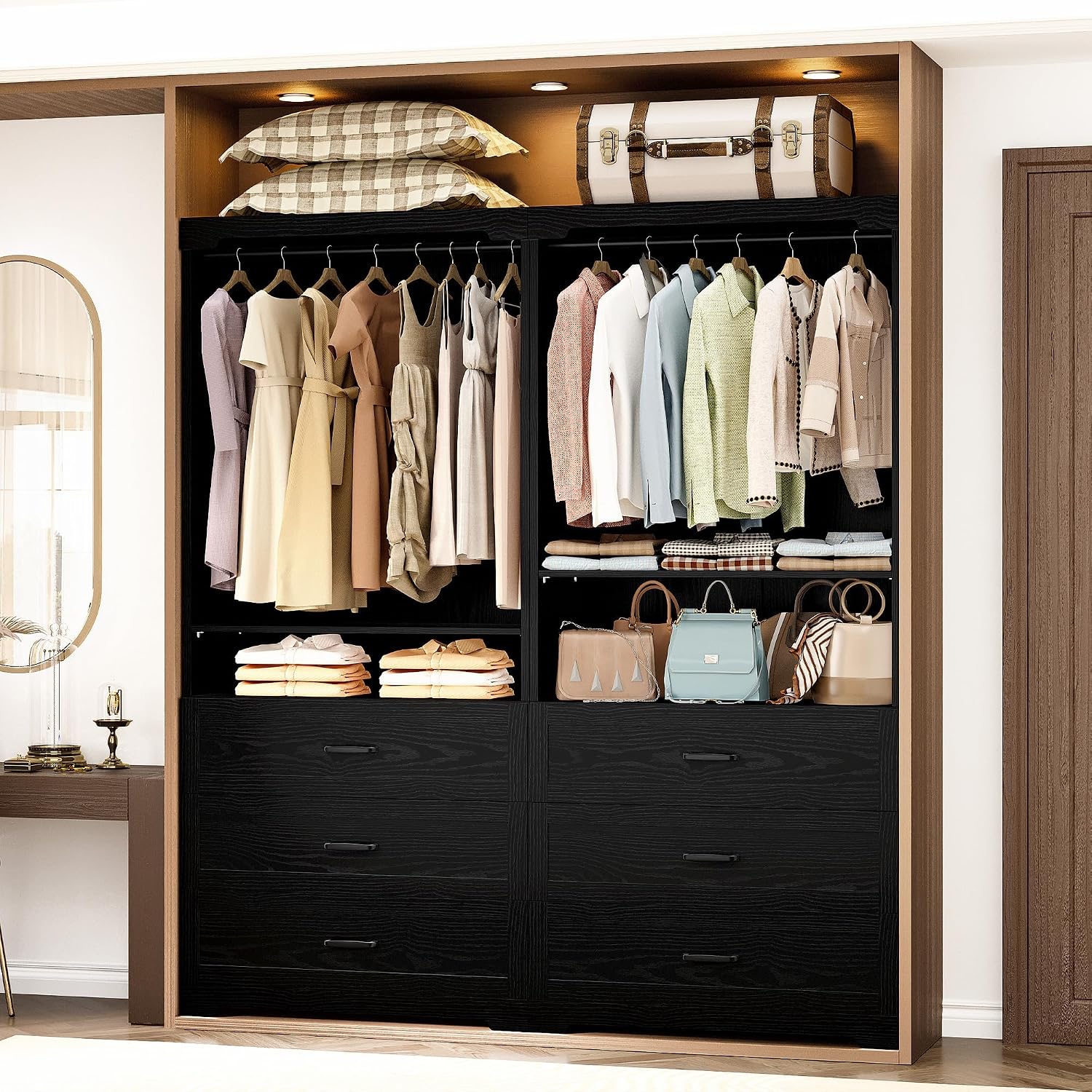 IRONCK Freestanding Closet System with Adjustable Shelves & 3 Drawers | Modern armoire wardrobe with adjustable shelves & hanging rod, walk-in closet organizer for small spaces, space-saving design
