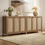 SICOTAS Rattan Buffet Cabinet with Storage 43.5" Sideboard Cabinet with 3 Doors & Adjustable Shelves Wood Sideboard Credenza Storage Cabinets for Entryway Living Room Reclaimed Caramel Oak