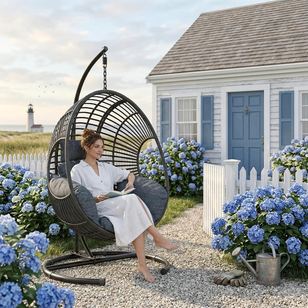 Hanging Egg Chair with Stand – 400 Lbs Capacity Patio Swing, Weatherproof PE Rattan & 8-Inch Thick Cushion, Swing Egg Chairs for Outdoor Garden, Balcony & Patio Use, Black
