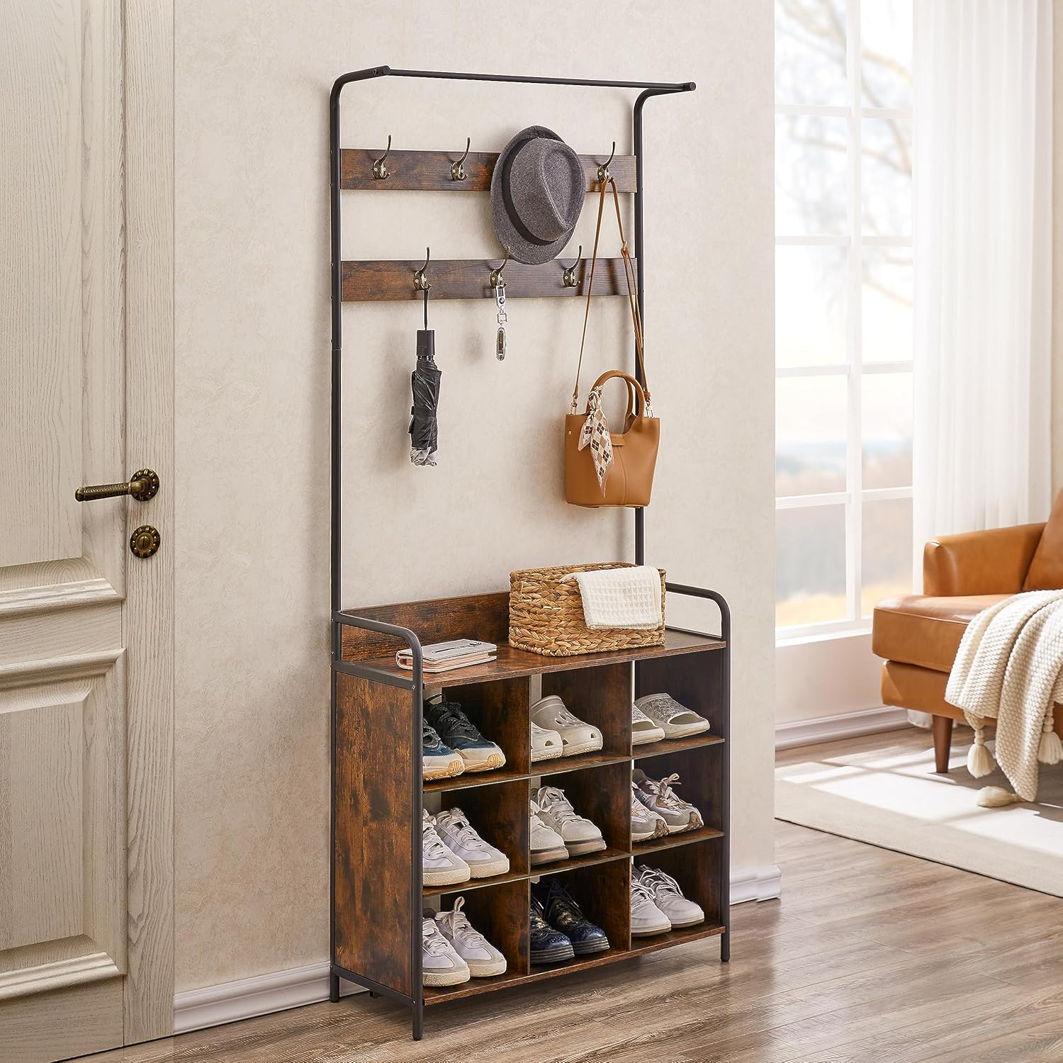 Hall Tree with Bench and Shoe Storage | Versatile Entryway Organizer with Coat Rack, Hooks & Shelf | Freestanding Mudroom Solution for Clothing and Shoes
