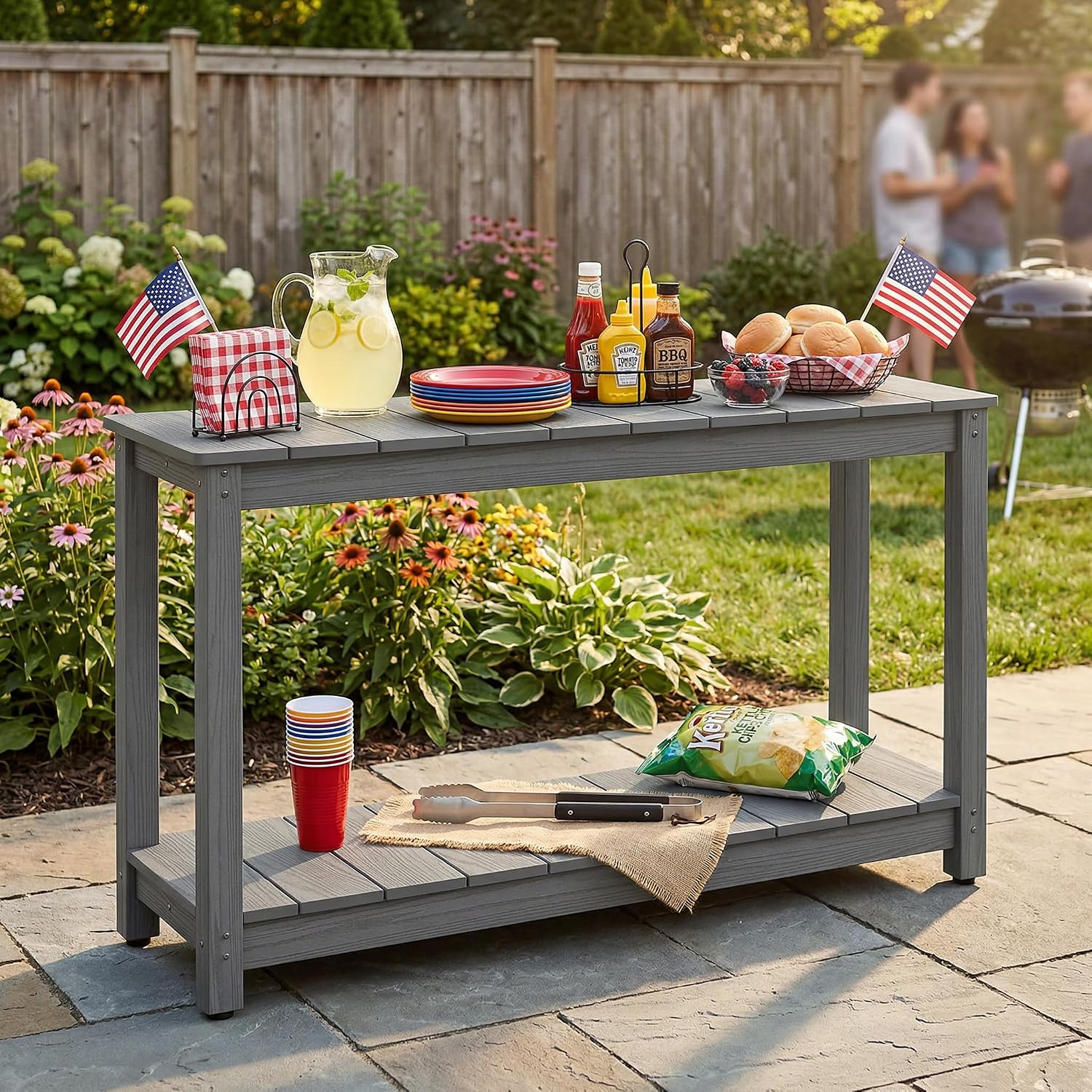Outdoor Console Table, 48" Weather Resistant HIPS Patio Side Table, 440LBS Weight Capacity, 2-Tier Multifunctional Buffet Bar Storage Organizer for Garden Deck, Gray