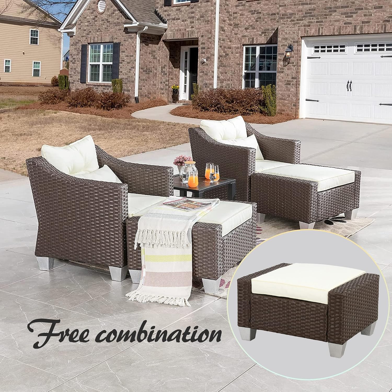LOKATSE HOME Patio Wicker Ottoman Outdoor Footstool Rattan Small Seat Furniture with Soft Thick Cushion for Garden Yard Deck Poolside