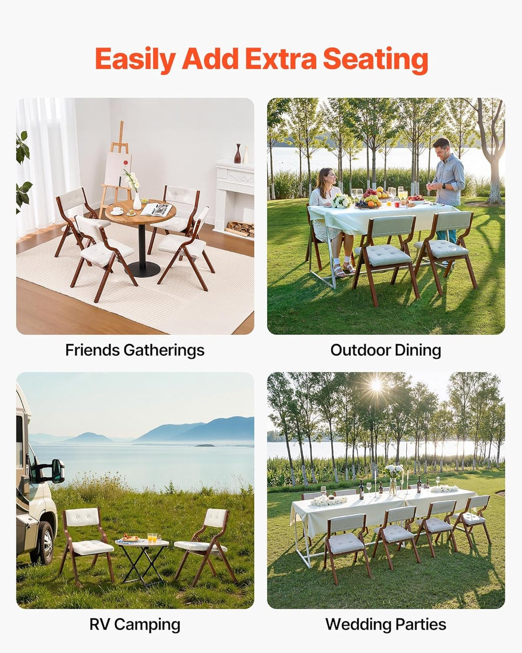 VEVOR Wooden Folding Chairs with Cushion, Set of 2, Portable Foldable Cushion Chair with Wooden Frame, Modern Padded Dining Chair for Kitchen, Office, Wedding, Party, Dining Room, Easy Assembly, White