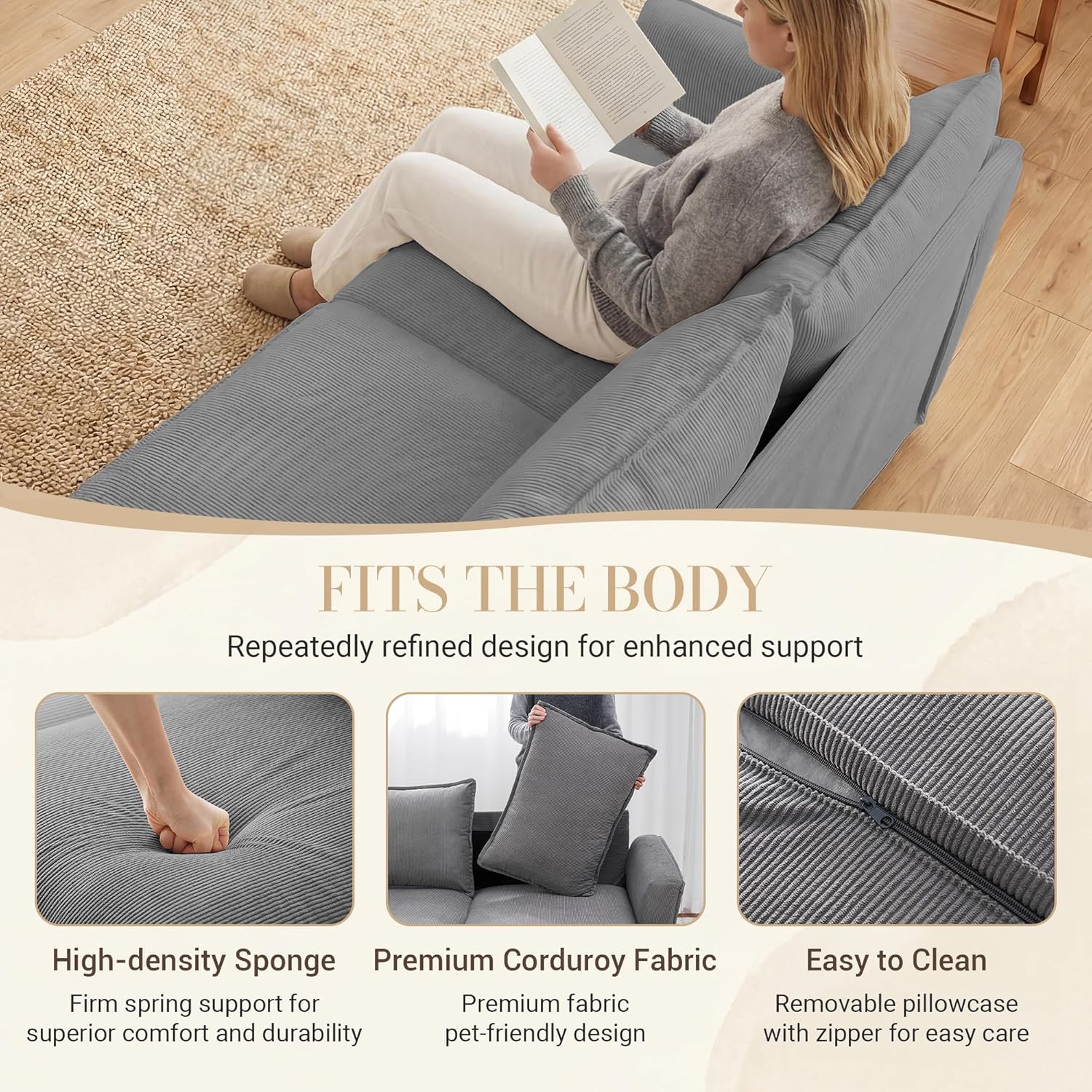 GRUSIGN 3 Seater Corduroy Couch, 89" Comfy Couch with Deep Seat, Modern Sofa Couch for Living Room, Office, Bedroom, Apartment (Pillows not Included)