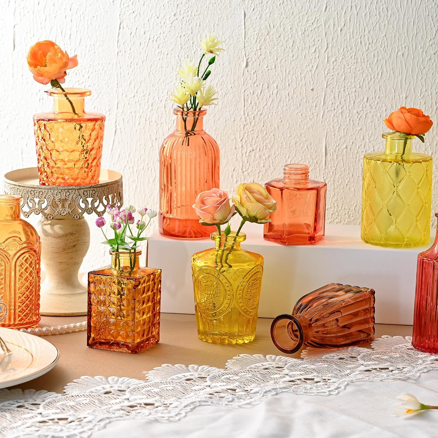 15Pcs Colored Glass Bud Vases, Wedding Table Decor, Bulk Housewarming Gift | Colored bud vases in bulk, Rustic embossed,Vintage-styled glass vases for centerpieces,15 unique vintage styles(1 per design)
