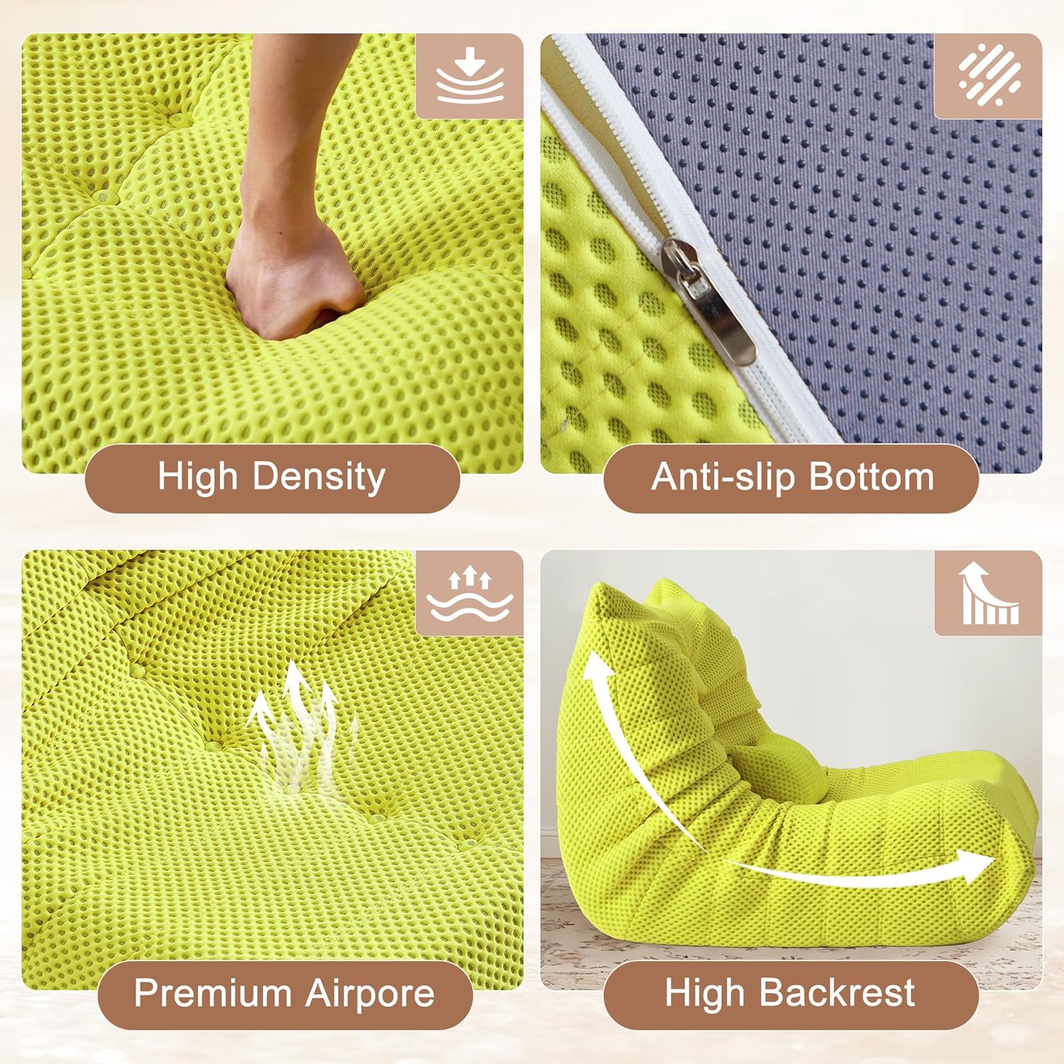 Bean Bag Chair for Adults - Large Bean Bag with Lumbar Pillow, Oversized Airpore Boneless Chair with High-Rebound Memory Foam, Lazy Floor Sofa for Reading, Gaming, Living Room, Bedroom, Green