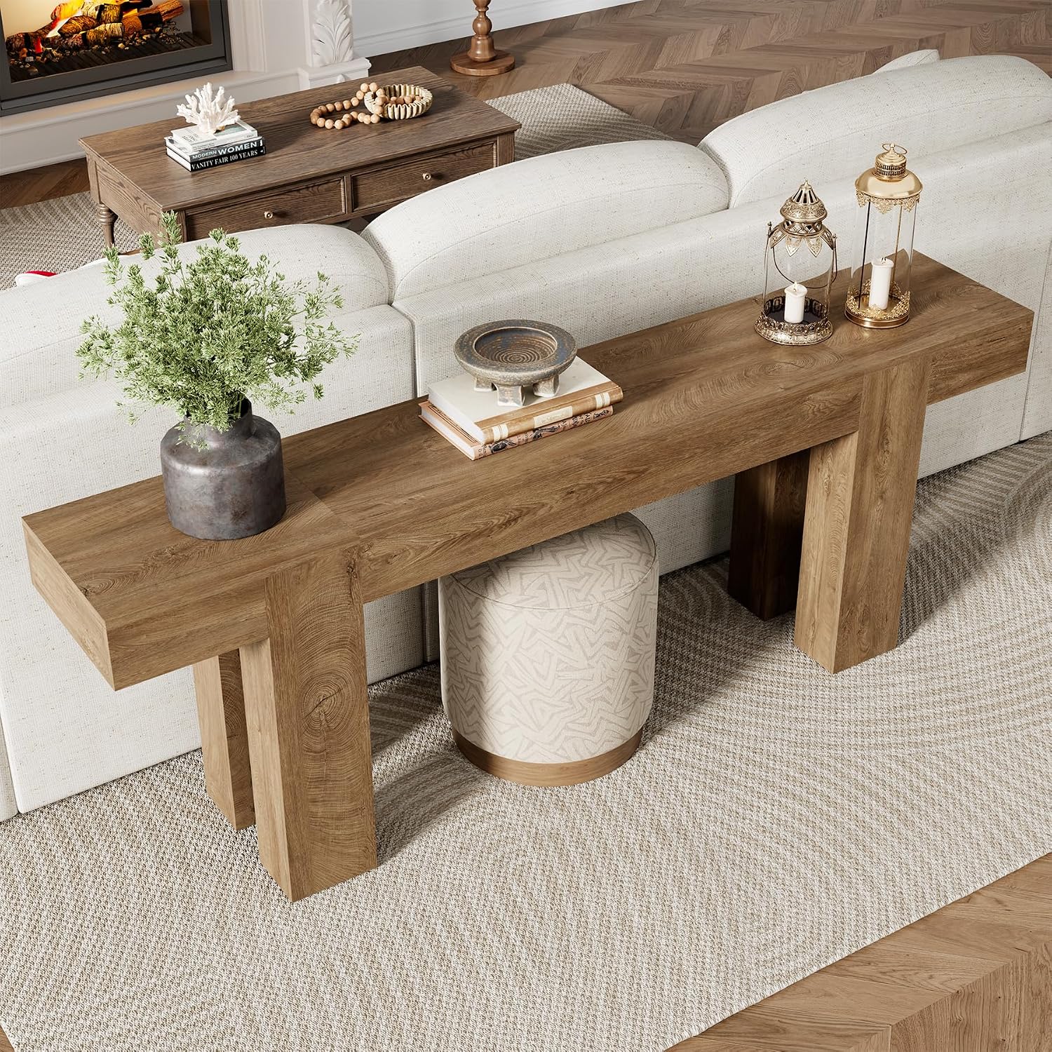 Epecoya 86.77-Inch Extra Long Console Table, Wood Entryway Table, Large Farmhouse Sofa Table Behind Couch for Living Room Hallway, Natural Oak Brown