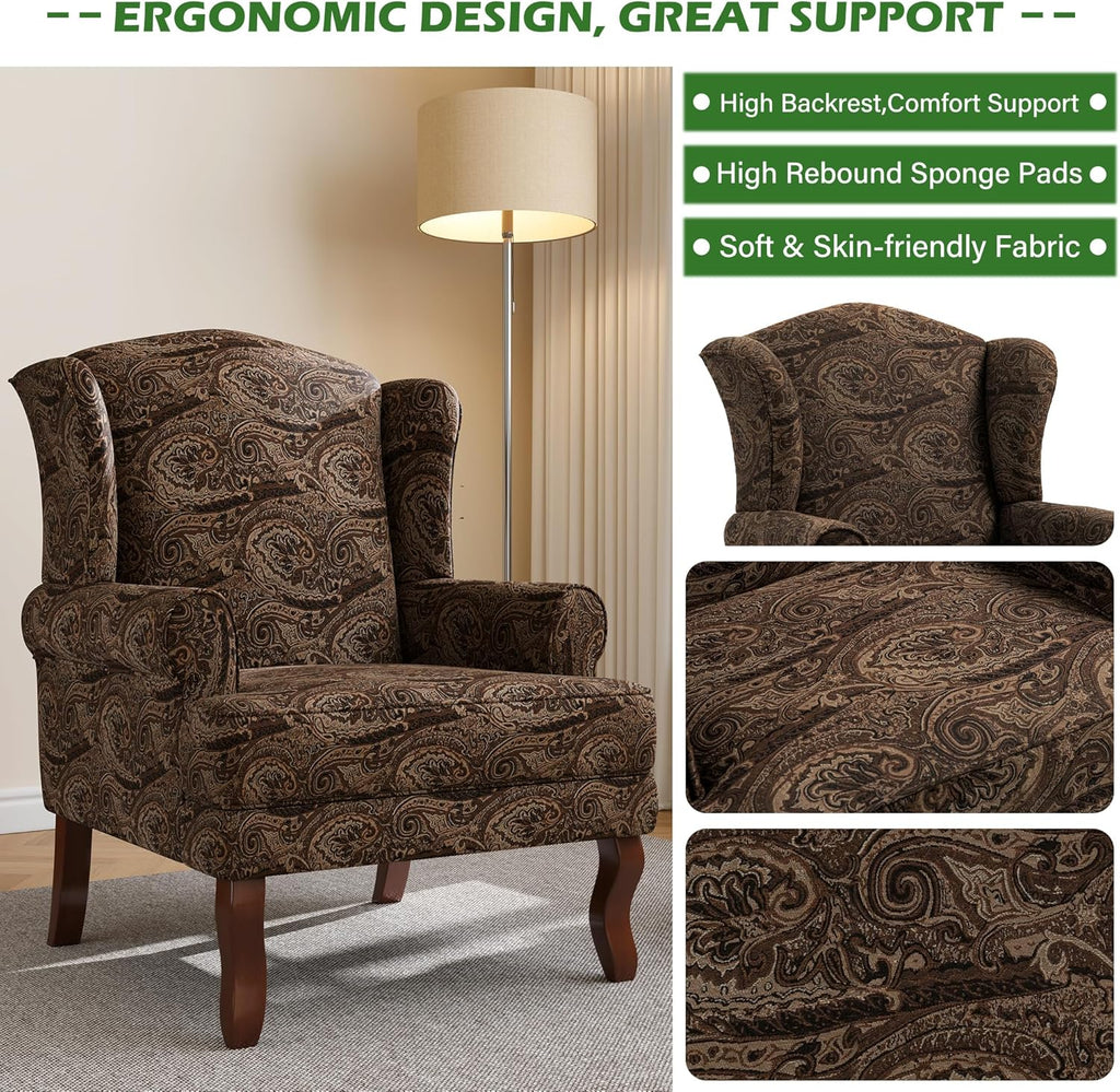 High Back Accent Chair, Floral Upholstered Armchair Retro Arm Club Chair in Fabric with Solid Wood Legs, Comfy Single Sofa Reading Seat for Living Room Bedroom Dorm - Brown Cranberry