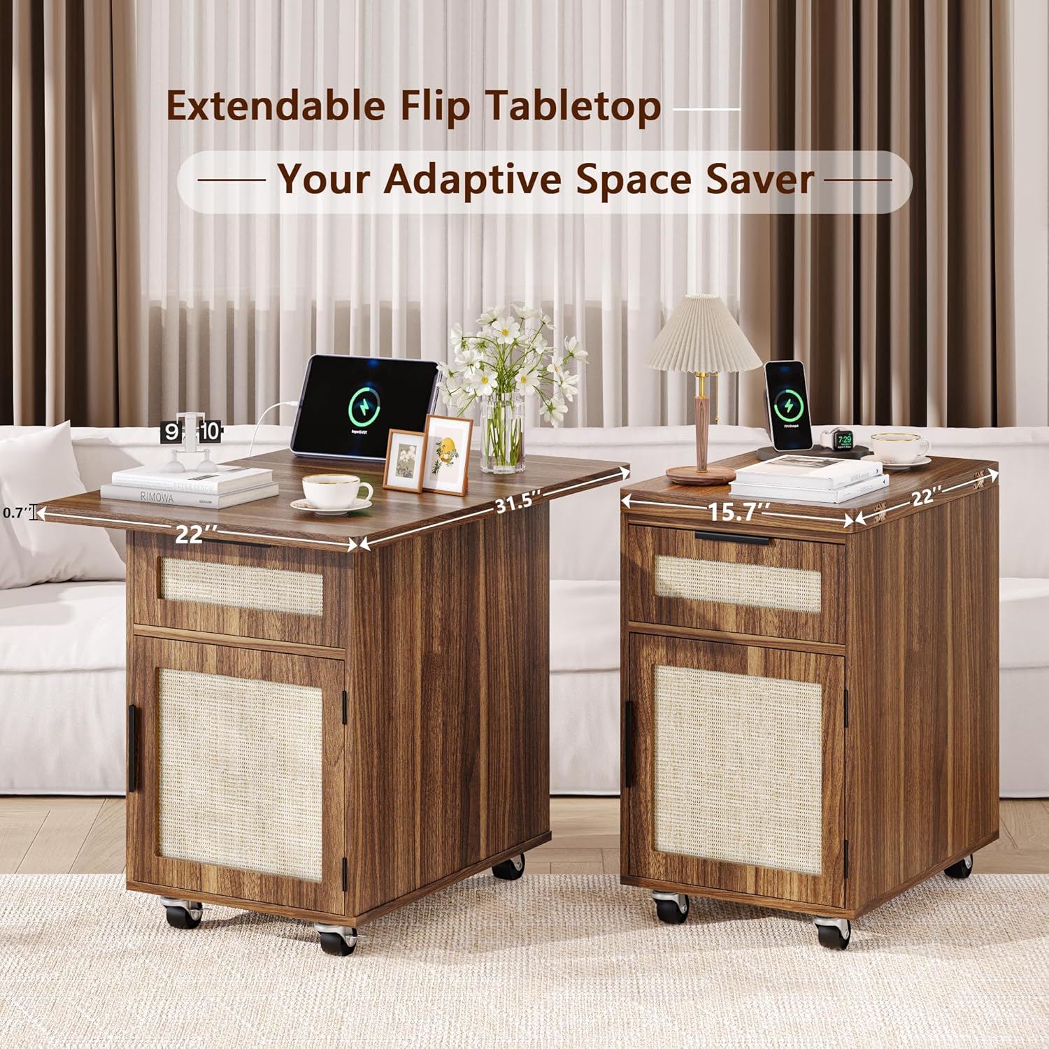 iPormis End Table with Charging Station, 15.7''-31.5'' Narrow Folding Side Table with Flip Top & Drawer, Wooden Sofa Couch Table with Storage Cabinet & Wheels, for Small Spaces Living Room, Walnut