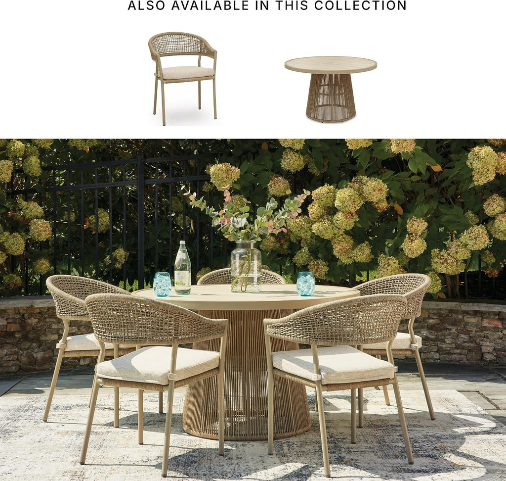 Signature Design by Ashley Ocean Park Set of 4 Outdoor Chairs with Cushions, Stackable, Rope Back, Powder Coated Aluminum Frame, Performance Fabric, Beige
