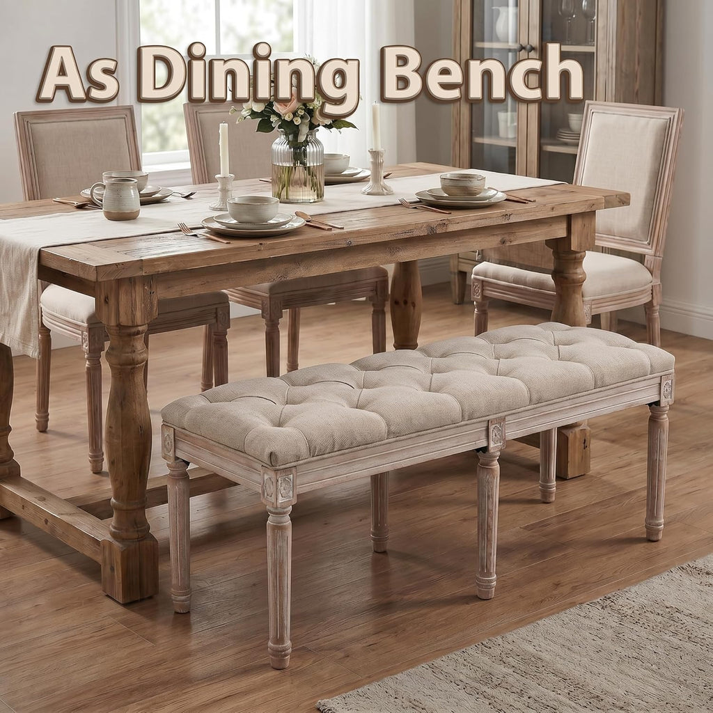 Tufted Dining Bench French Vintage Fabric Upholstered Wood Dining Room Bench Rustic Entryway Bench Bedroom End Bed Bench, Beige 45" Long