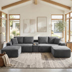 125" Oversized Sectional Couches for Living Room, Modern Boneless Cloud Couch with Ottoman,USB Port&Cup Holders, Comfy Corduroy Modular Sectional U Shape Sofa Couch for Apartment, Grey Couch in a Box