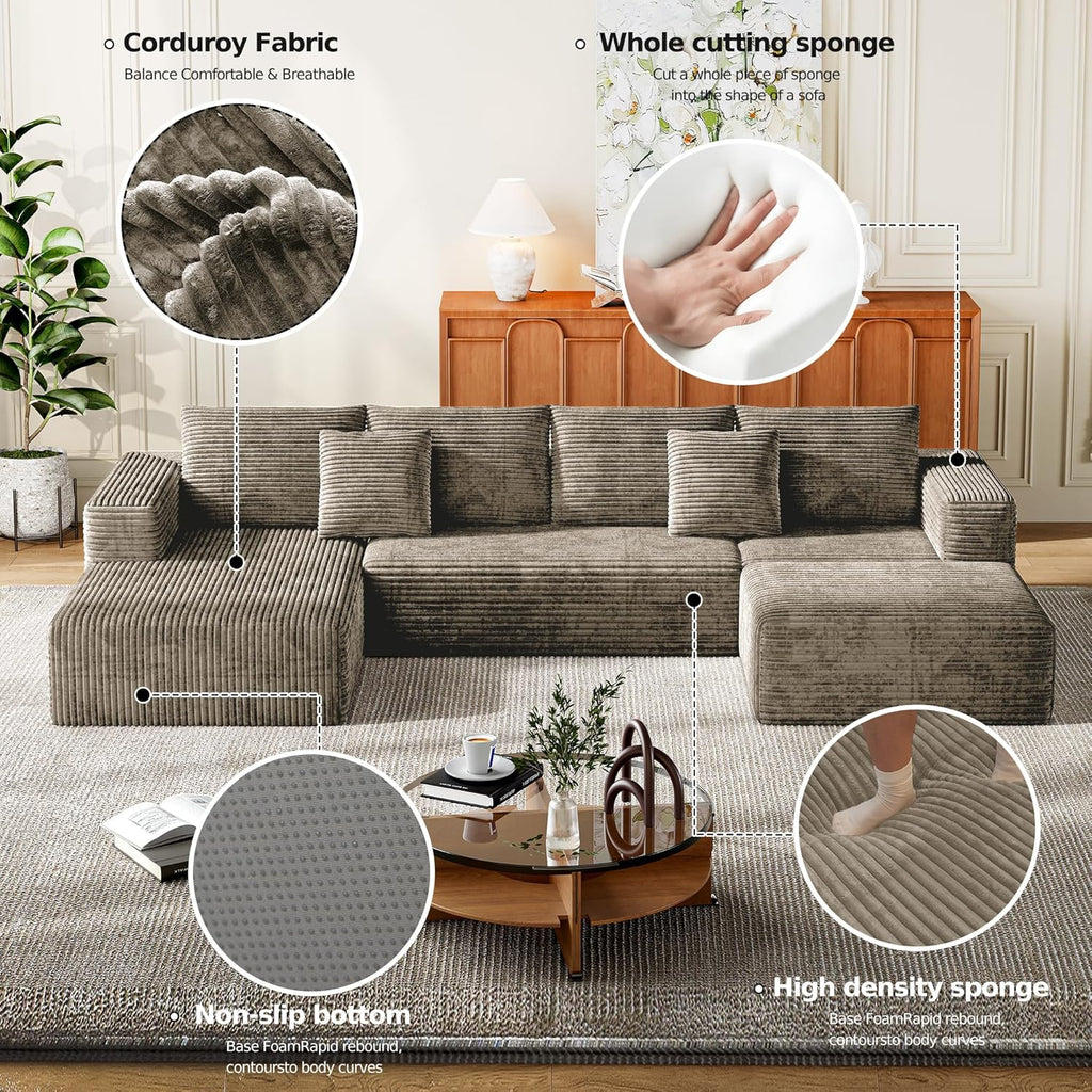 MoonSpeak 133" Sectional Boneless Couch for Living Room,Modern Modular Cloud Couch with Deep Seat,Upholstered Sleeper Sofa with 1 Ottoman,Convertible Folding Couches,No Assembly (Khaki)