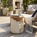 Elsie Outdoor Patio MGO Round Side Table, Rustic Accent End Table with Wood Grain Top and Textured Beige Base, Organic Modern Stand for Balcony Living Room Bedroom Garden