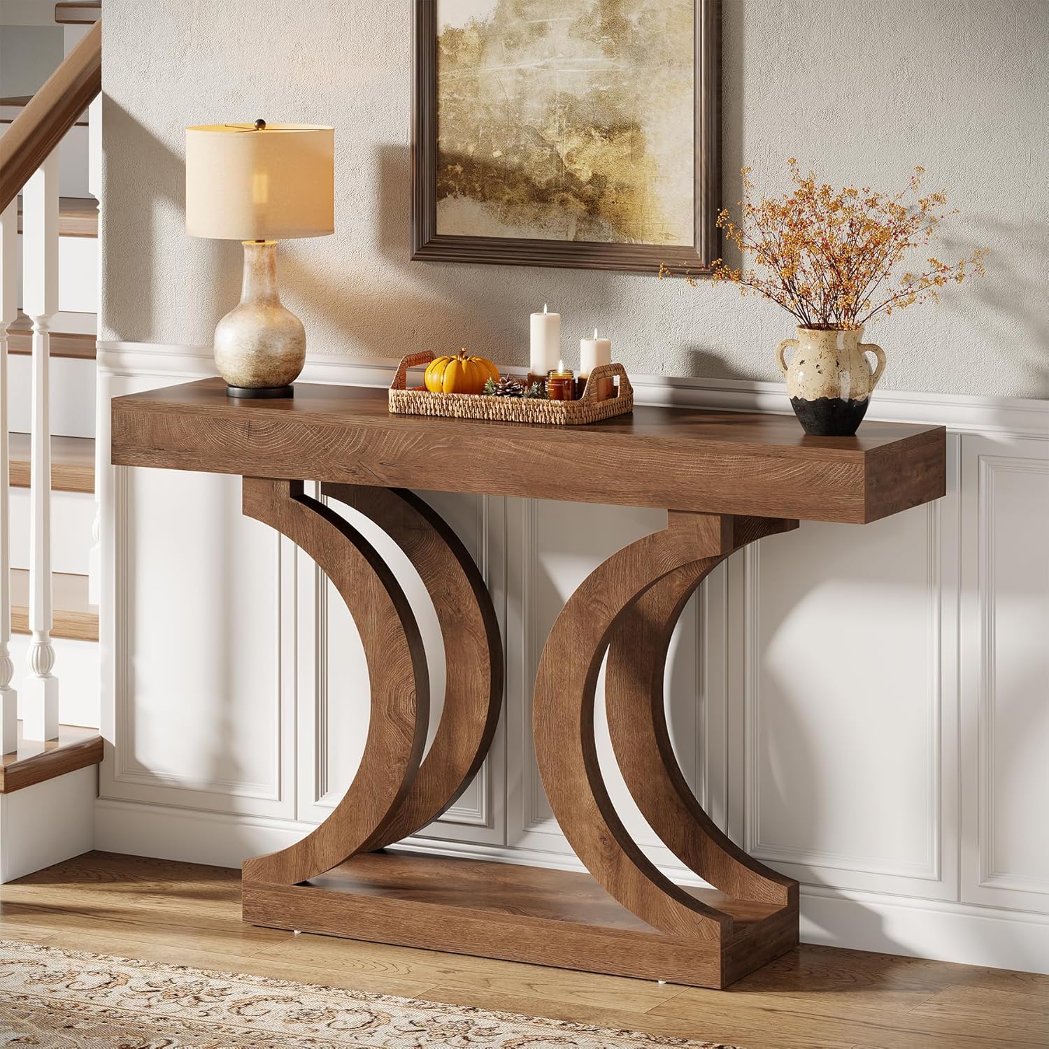 Tribesigns 43.31-Inch Farmhouse Console Table for Entryway, Unique Narrow Sofa Table Behind the Couch with Curved Legs for Living Room, Hallway, Foyer, Entrance, Rustic Brown