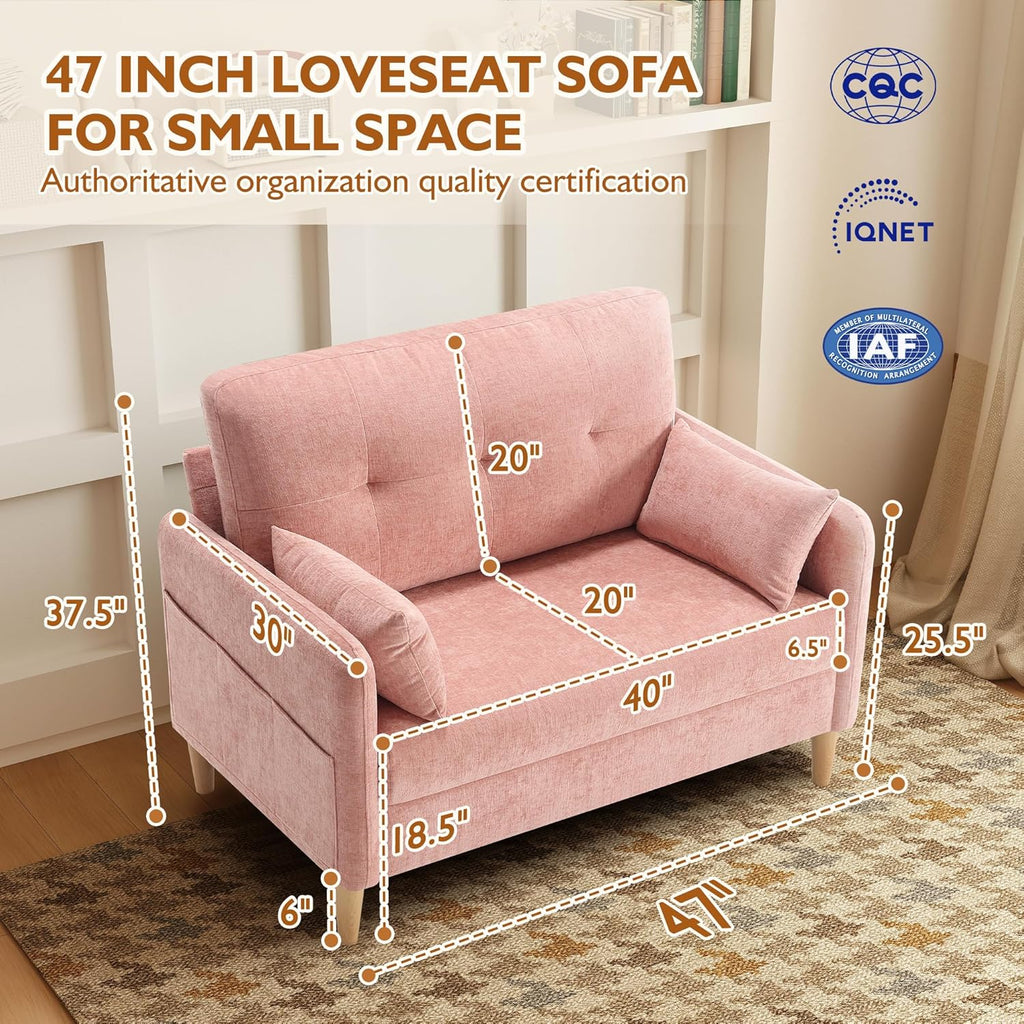 Urhanherry 47" Small Sofa Couch for Bedroom, Soft Chenille loveseat Mini Couch with Throw Pillow and Removable Cushion Cover for Small Spaces, Living Room, Apartment, Dorm, Office(Pink)