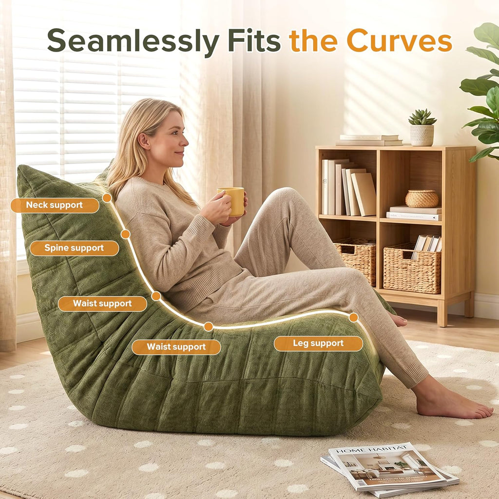 Bean Bag Chairs for Adults, Premium Fabric Foam Filled Lazy Sofa Lounge Chair, Ergonomic Floor Couch for Living Room Bedroom Gaming, No Assembly, Green