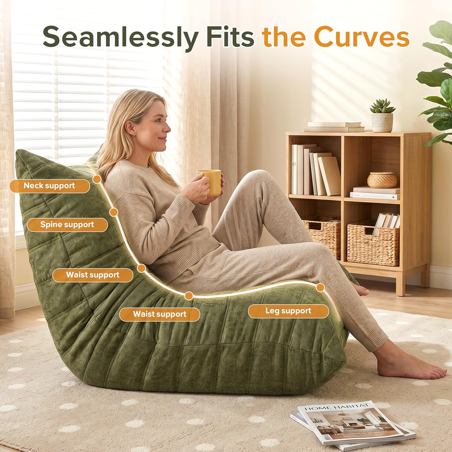 Bean Bag Chairs for Adults, Premium Fabric Foam Filled Lazy Sofa Lounge Chair, Ergonomic Floor Couch for Living Room Bedroom Gaming, No Assembly, Green