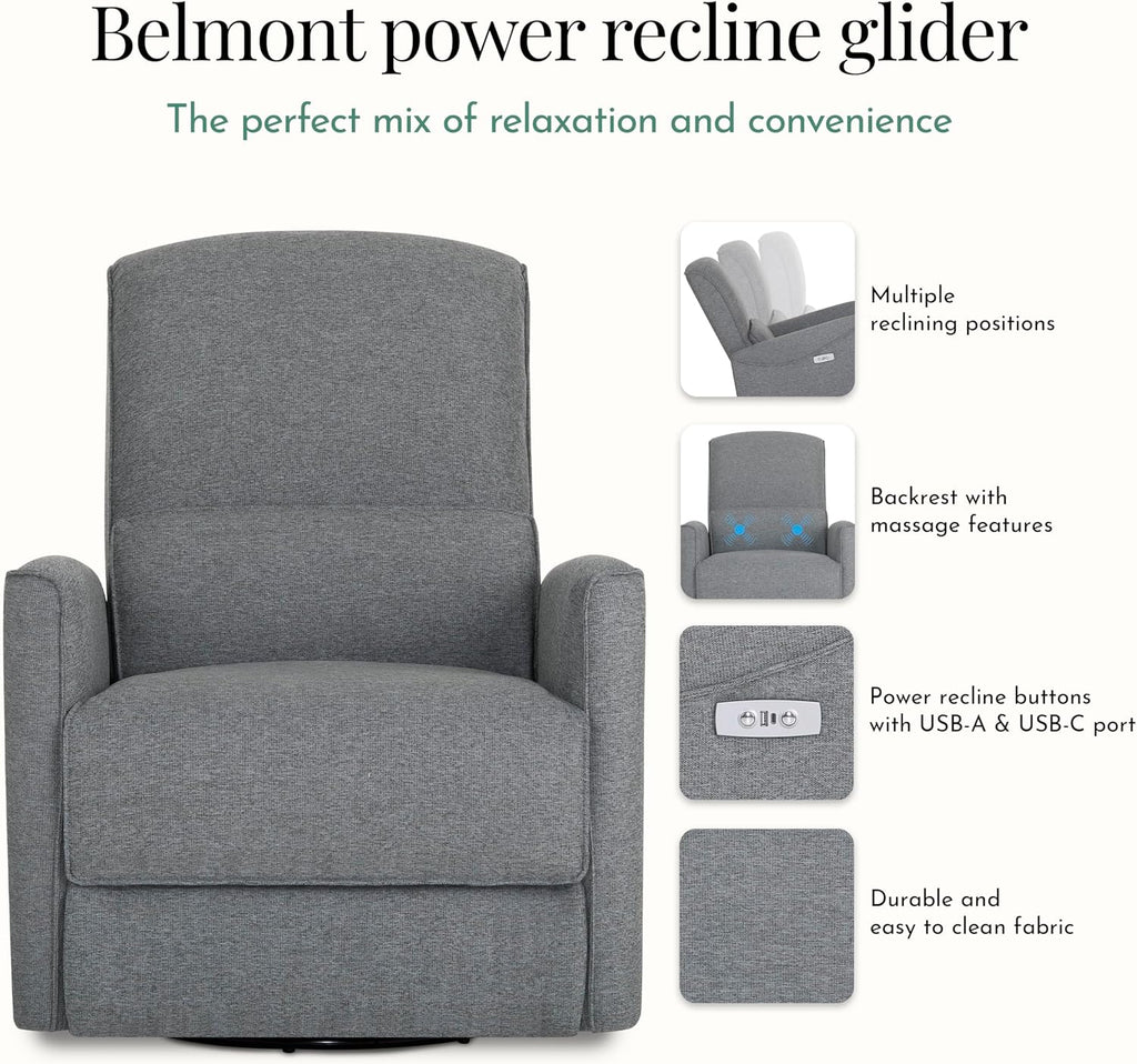 Evolur Belmont Nursery Glider Chair with Massager in Cosmic Grey, Power Recliner with 275° Swivel, Lumbar Support Modern Rocking Chair for Baby Room, Nursery & Living Room