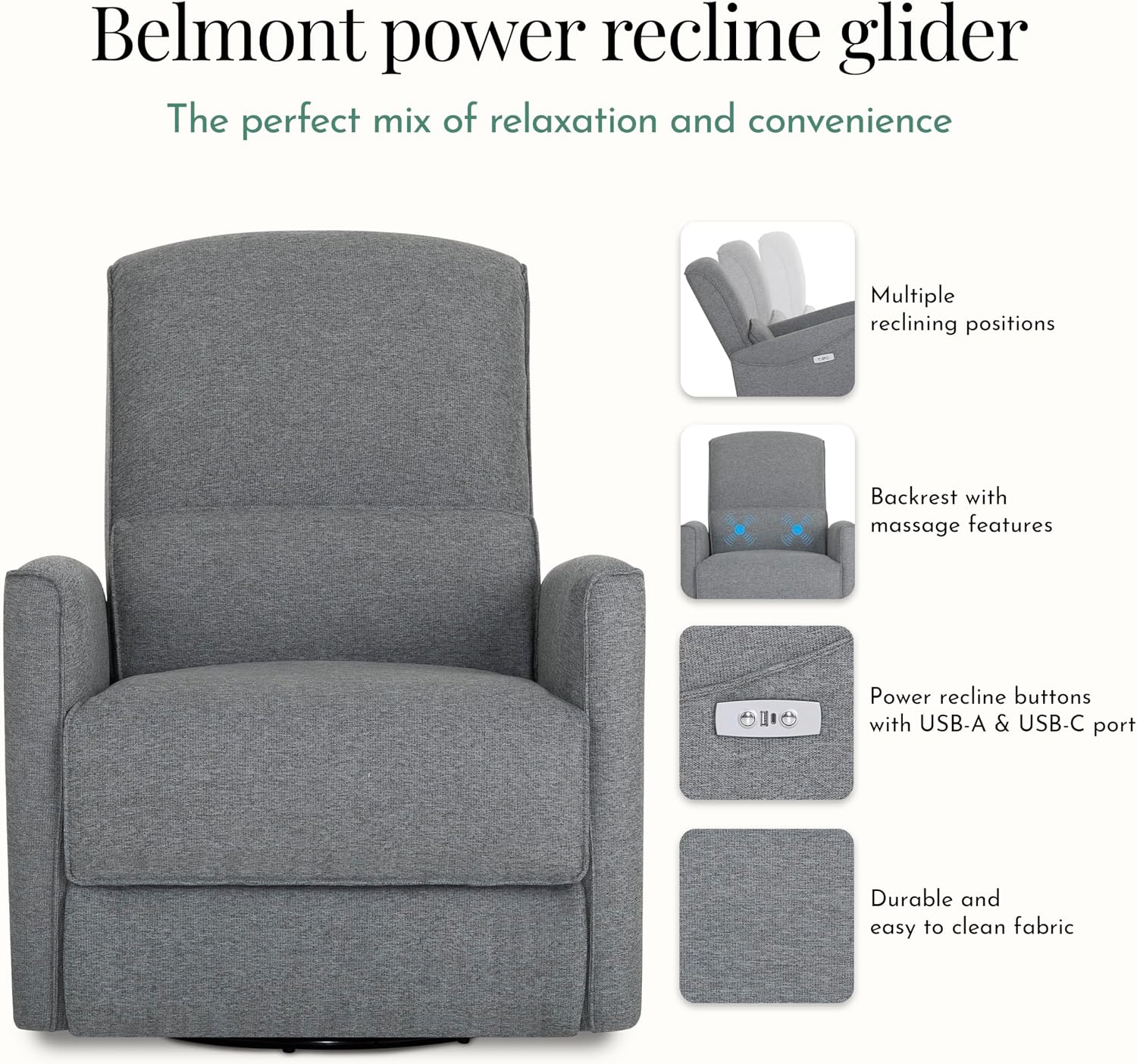 Evolur Belmont Nursery Glider Chair with Massager in Cosmic Grey, Power Recliner with 275° Swivel, Lumbar Support Modern Rocking Chair for Baby Room, Nursery & Living Room