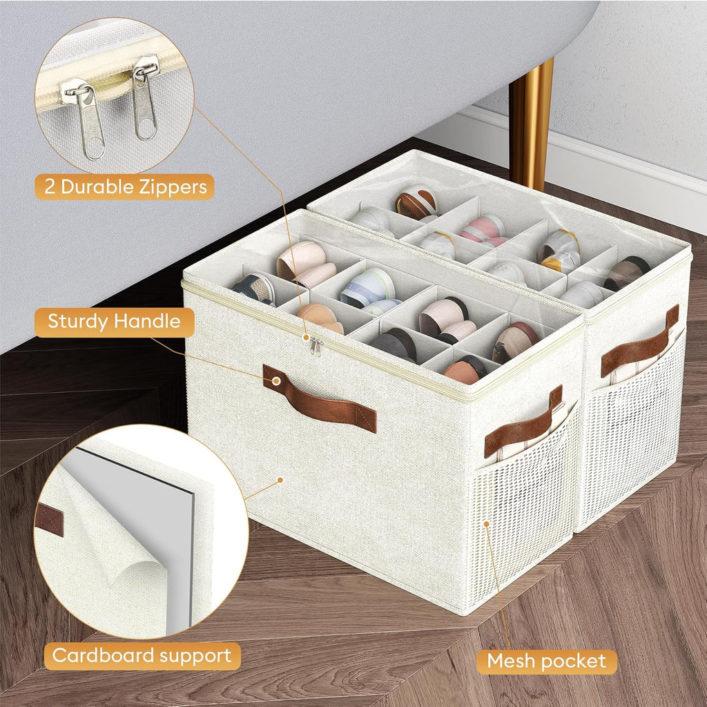 Budding Joy 2 Pack Shoe Organizer for Closet, Clear Foldable Shoe Storage Containers Adjustable Dividers Fits 16 Pairs,Shoe Storage Bins Baskets Boxes with Reinforced Handles Beige