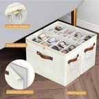 Budding Joy 2 Pack Shoe Organizer for Closet, Clear Foldable Shoe Storage Containers Adjustable Dividers Fits 16 Pairs,Shoe Storage Bins Baskets Boxes with Reinforced Handles Beige