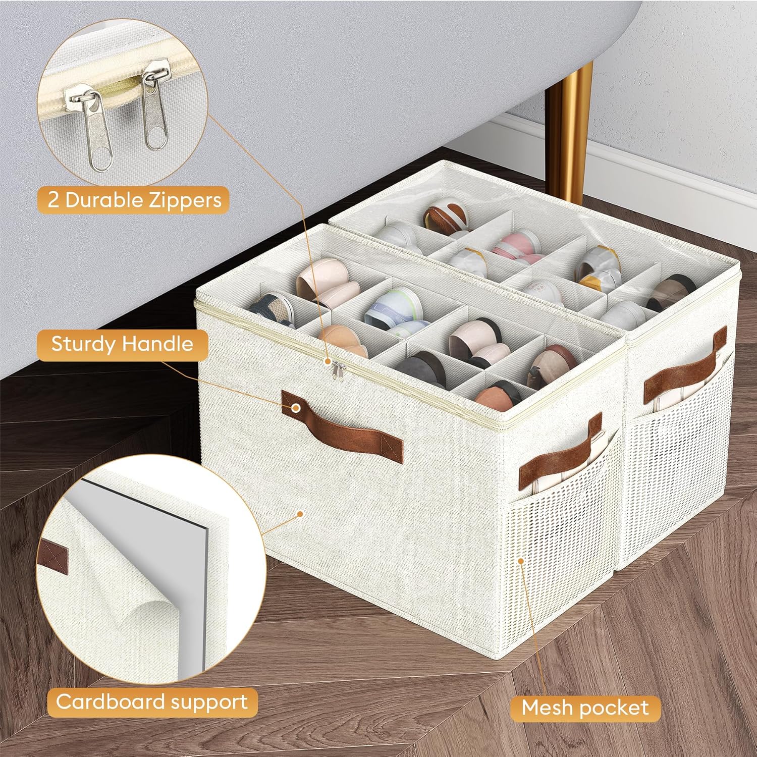 Budding Joy 2 Pack Shoe Organizer for Closet, Clear Foldable Shoe Storage Containers Adjustable Dividers Fits 16 Pairs,Shoe Storage Bins Baskets Boxes with Reinforced Handles Beige