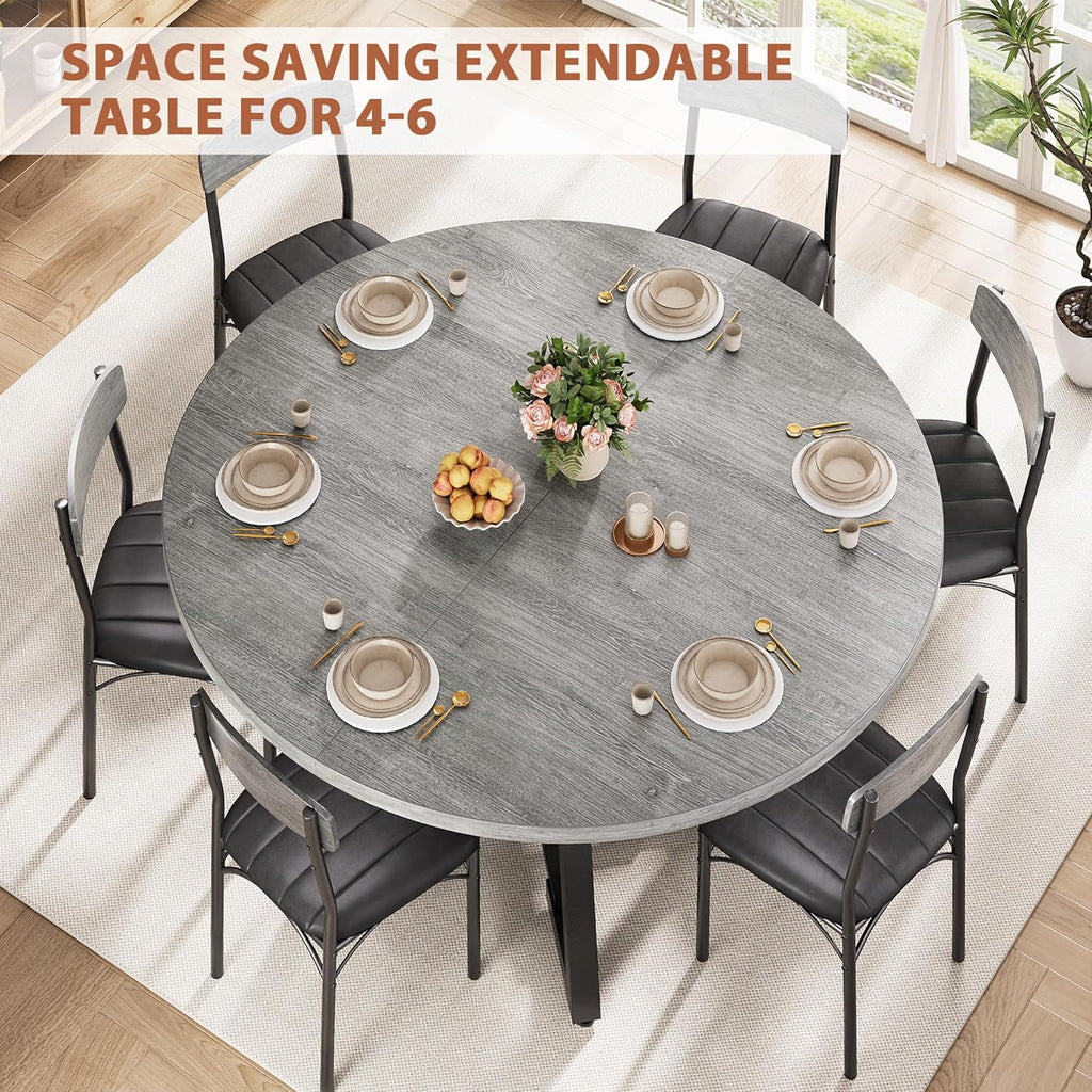 Expandable Kitchen Dining Table for 4-6, Oval Round Dining Table with Storage Shelf and Removable Extension Leaf, Space Saving Pedestal Table for Dining Room, Modern Industrial Style (Grey)