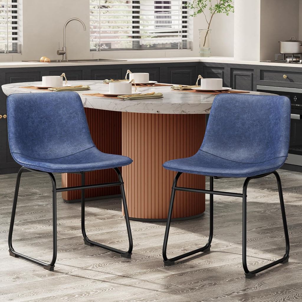 REONEY Dining Chairs Set of 2, PU Leather Armless Dinner Chairs with Backrest, 18" Modern Kitchen Dining Room Chair with Metal Legs for Home (Navy)
