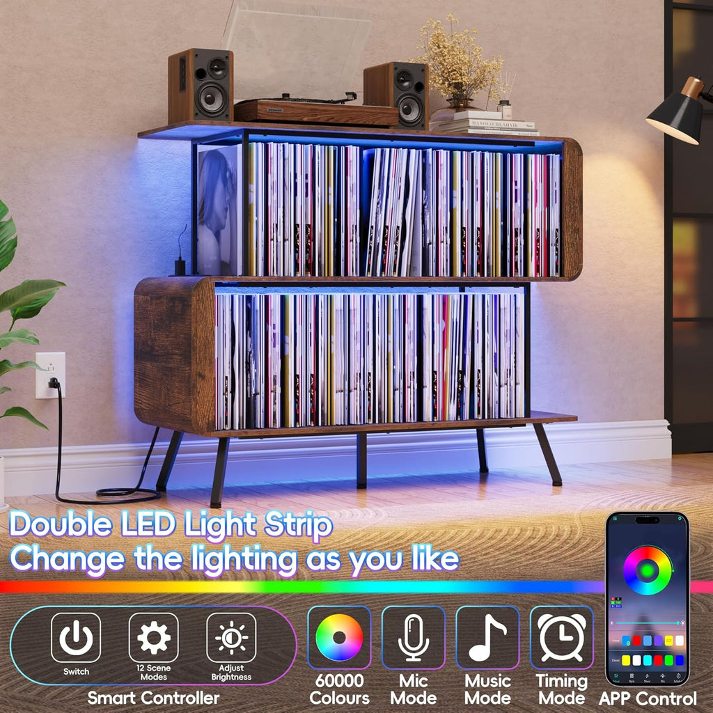 Record Player Stand with Vinyl Record Storage - 3-Tier Record Player Table with Power Outlets & LED Light, Mid-Century Modern Turntable Stand Vinyl Shelf Display Cabinet, Holds 500+ Albums, Brown