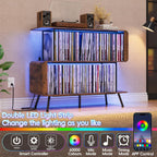 Record Player Stand with Vinyl Record Storage - 3-Tier Record Player Table with Power Outlets & LED Light, Mid-Century Modern Turntable Stand Vinyl Shelf Display Cabinet, Holds 500+ Albums, Brown