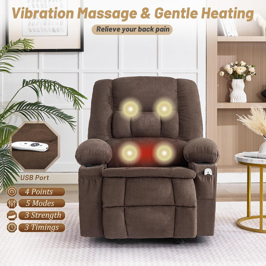 Rocker Recliner Chair with Massage and Heat, Nursery Rocking Chairs for Living Room, Ergonomic Comfy Relining Chair with Cup Holders, USB Charge Port, Side Pockets, Comfortable Arms, Brown