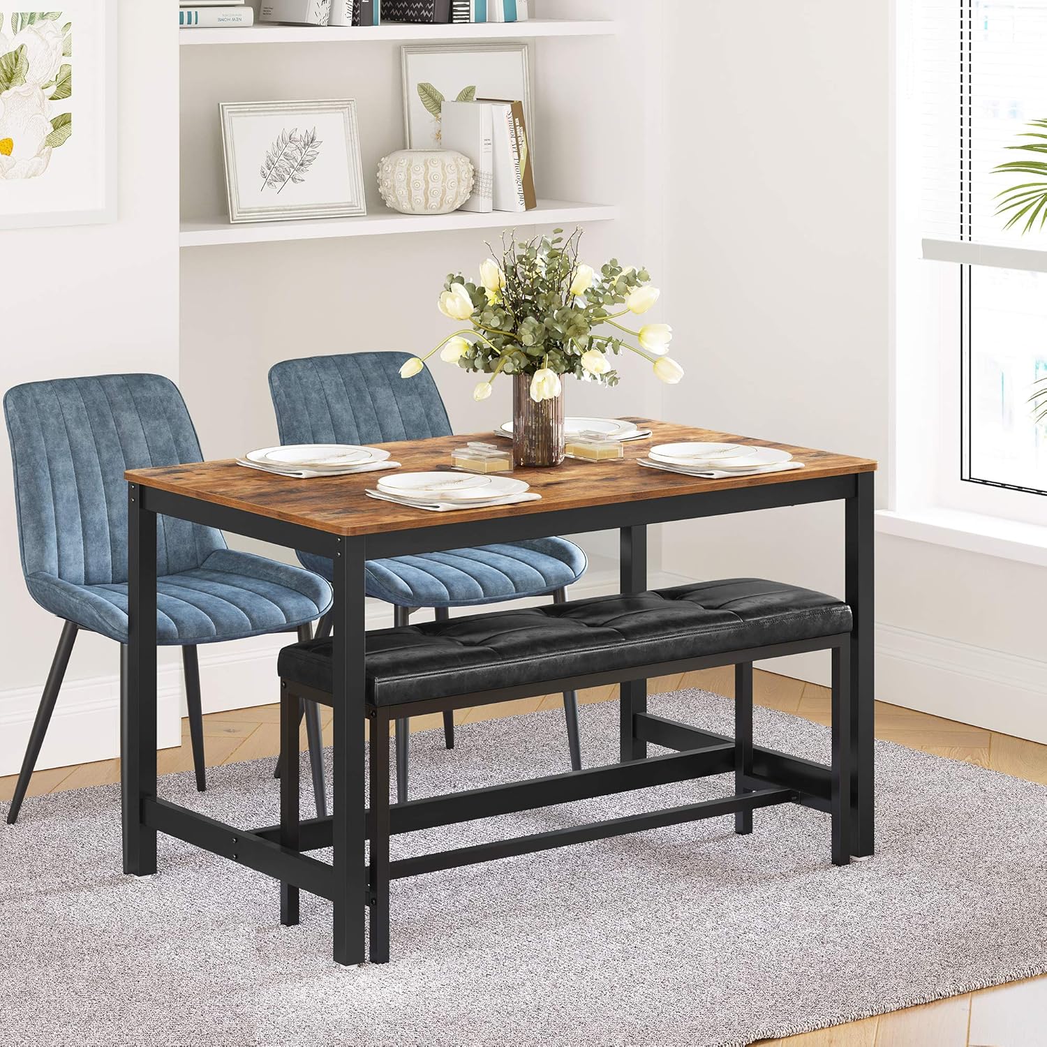 VASAGLE Dining Table Bench, Ottoman Bench with PU Leather Padded Seat, Steel Frame, 42.5 x 12.8 x 18.9 Inches, for Dining Room, Living Room, Hallway, Bedroom, Black UKTB034B81