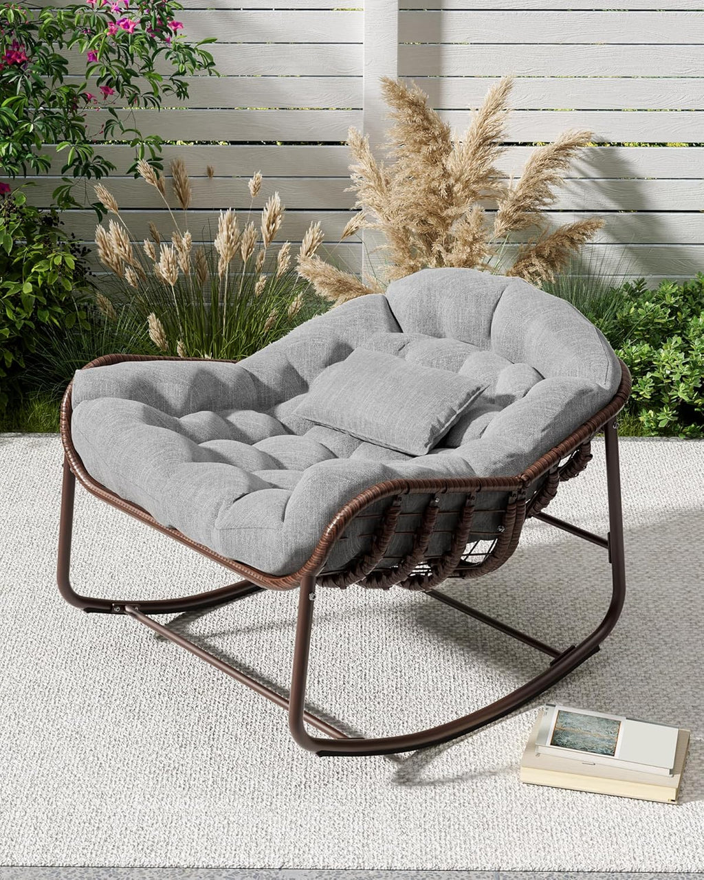 Garvee Outdoor Papasan Rocking Chair, Oversized Wicker Lounge Chair with Cushion and Metal Frame, Patio Rattan Egg Rocker for Balcony Backyard Porch Bedroom (Grey)