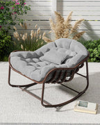 Garvee Outdoor Papasan Rocking Chair, Oversized Wicker Lounge Chair with Cushion and Metal Frame, Patio Rattan Egg Rocker for Balcony Backyard Porch Bedroom (Grey)