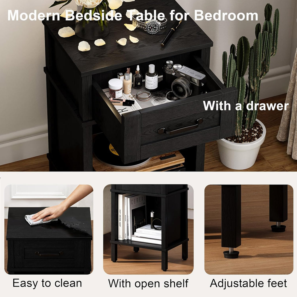 Black Nightstand with Drawers,Small Night Stand,Black Bedside Table | Morden Nightstand,Black Wood Nightstand,Bedside Table with Drawers,Farmhouse End Table,Black Side Tables Bedroom LET512B