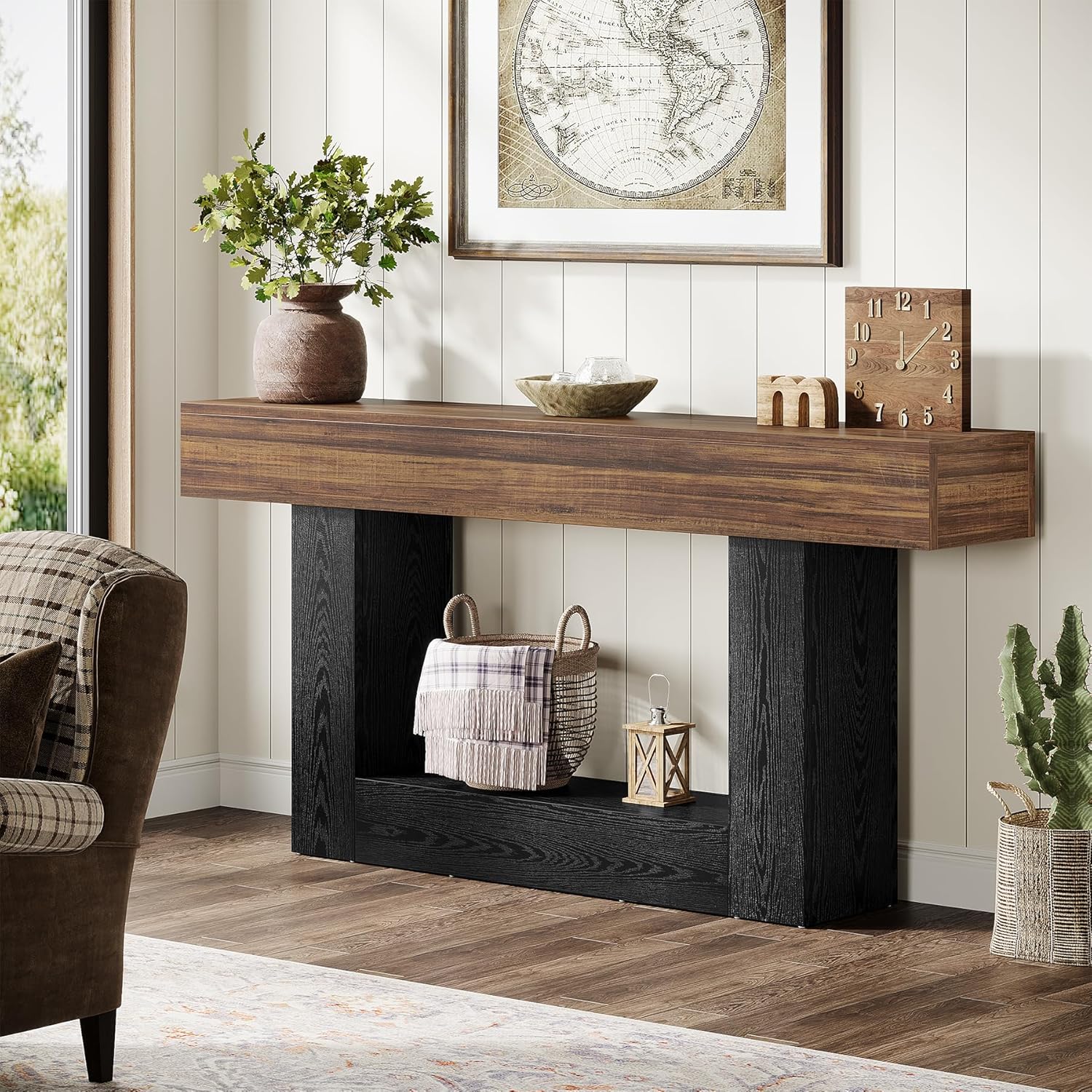 Tribesigns 63" Console Table, Farmhouse 2-Tier Entryway Table with U-Shaped Base, Narrow Long Wood Behind Couch Table for Living Room, Hallway, Foyer, Dark Brown & Black