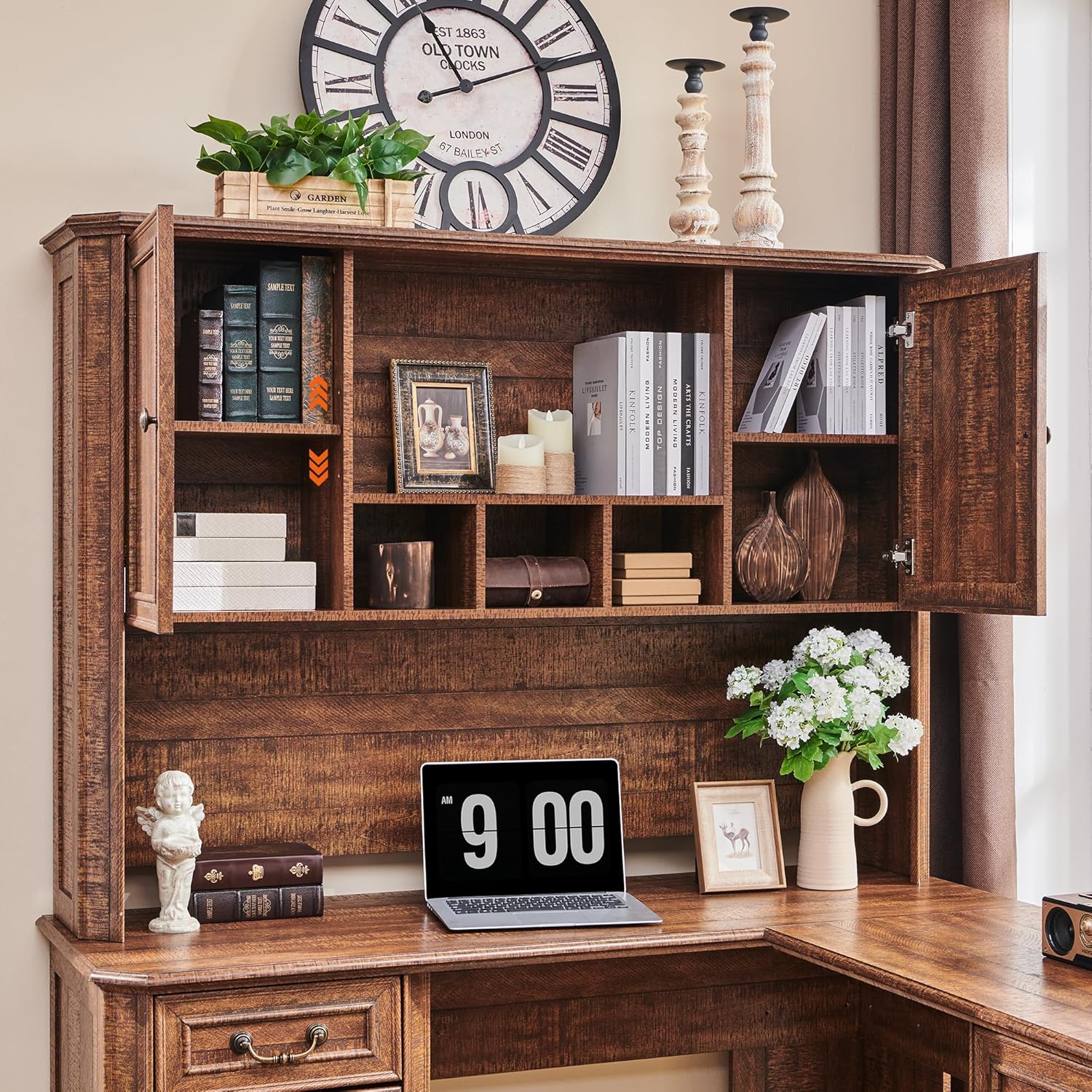 T4TREAM L Shaped Desk with Hutch,59" Farmhouse Wood Home Office Executive Desk,Charging Station,File Drawer, Storage Cabinet,Computer Desk for Work and Study (Reclaimed Barnwood)