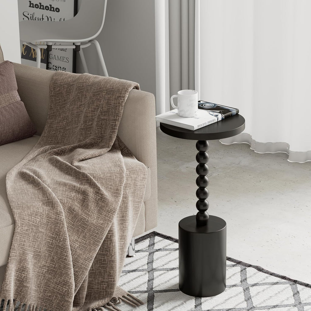 COZAYH Black Wood End Table with Round Top and Decorative Beaded Pedestal, Modern Accent Side Table Drink Table for Living Room, Small Spaces