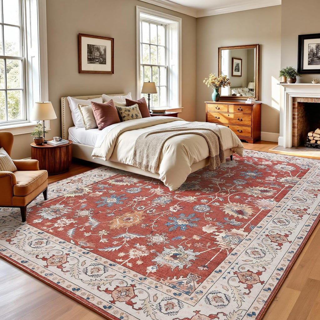 Keeko 4'x6' Vintage Floral Area Rug for Living Room, Soft Washable Low-Pile Carpet with Non-Slip Backing, Non-Shedding Oriental Distressed Farmhouse Rug for Bedroom, Dining Room, Nursery & Home Office