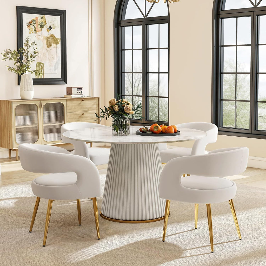 Hyfirm White and Gold Dining Chairs Set of 4, Upholstered Velvet Barrel Dining Room Chairs Luxury Modern Comfy Armchairs for Kitchen Recepition Restaurant