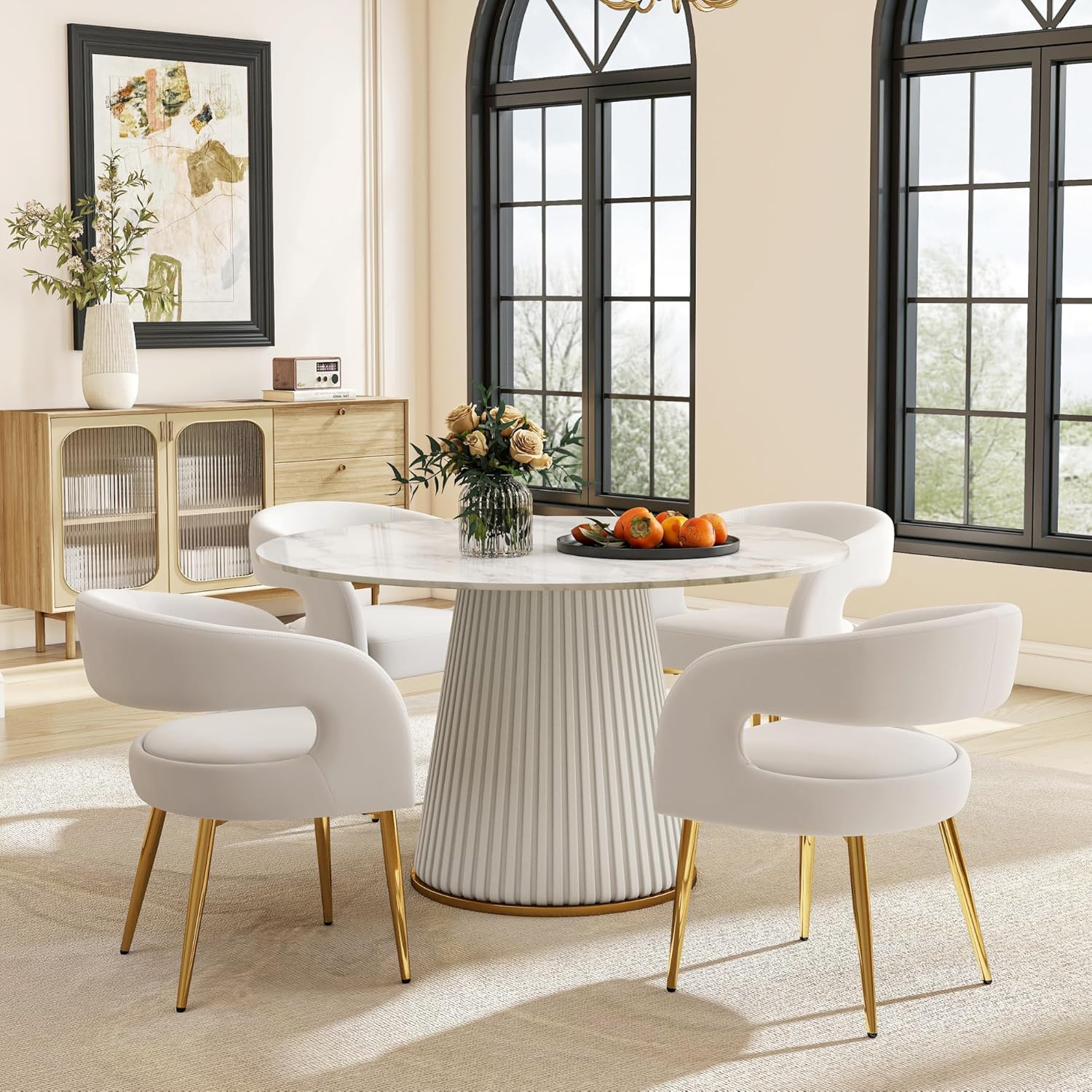 Hyfirm White and Gold Dining Chairs Set of 4, Upholstered Velvet Barrel Dining Room Chairs Luxury Modern Comfy Armchairs for Kitchen Recepition Restaurant
