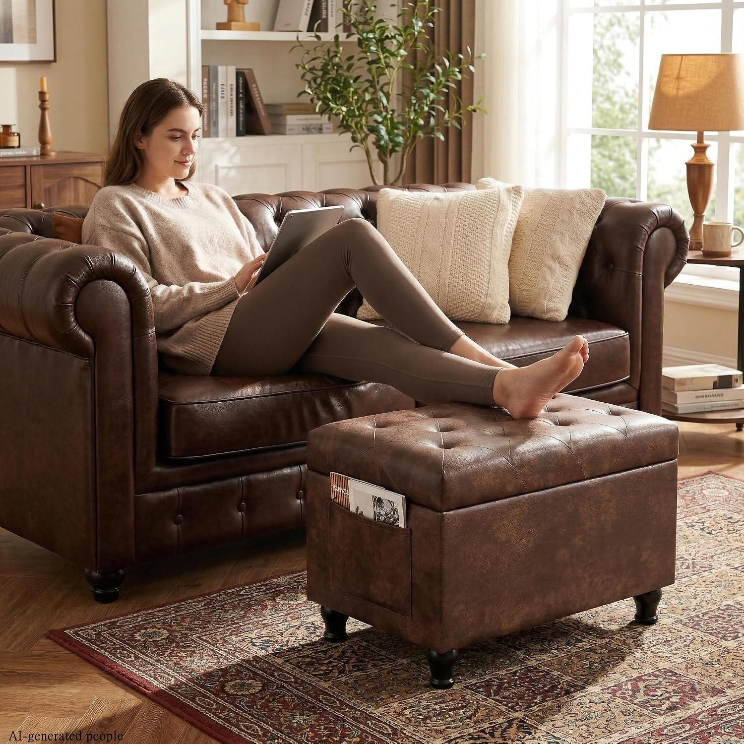 Leather Storage Ottoman Bench Rectangle 24 Inch Foot Rest Ottomans Stool for Living Room Bedroom(Brown)
