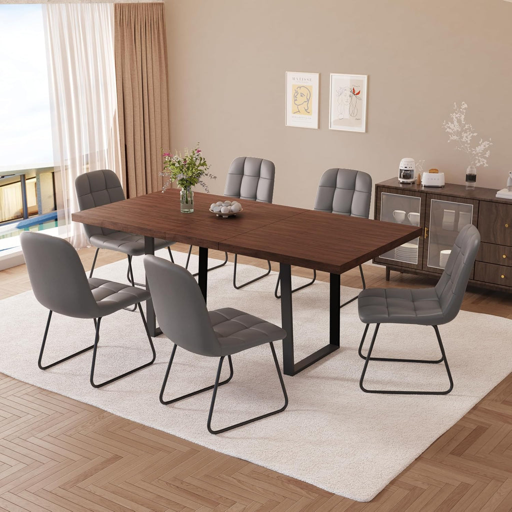 ZckyCine Mid-Century Extendable Dining Table Set, 63"-79", 6 Upholstered Chairs