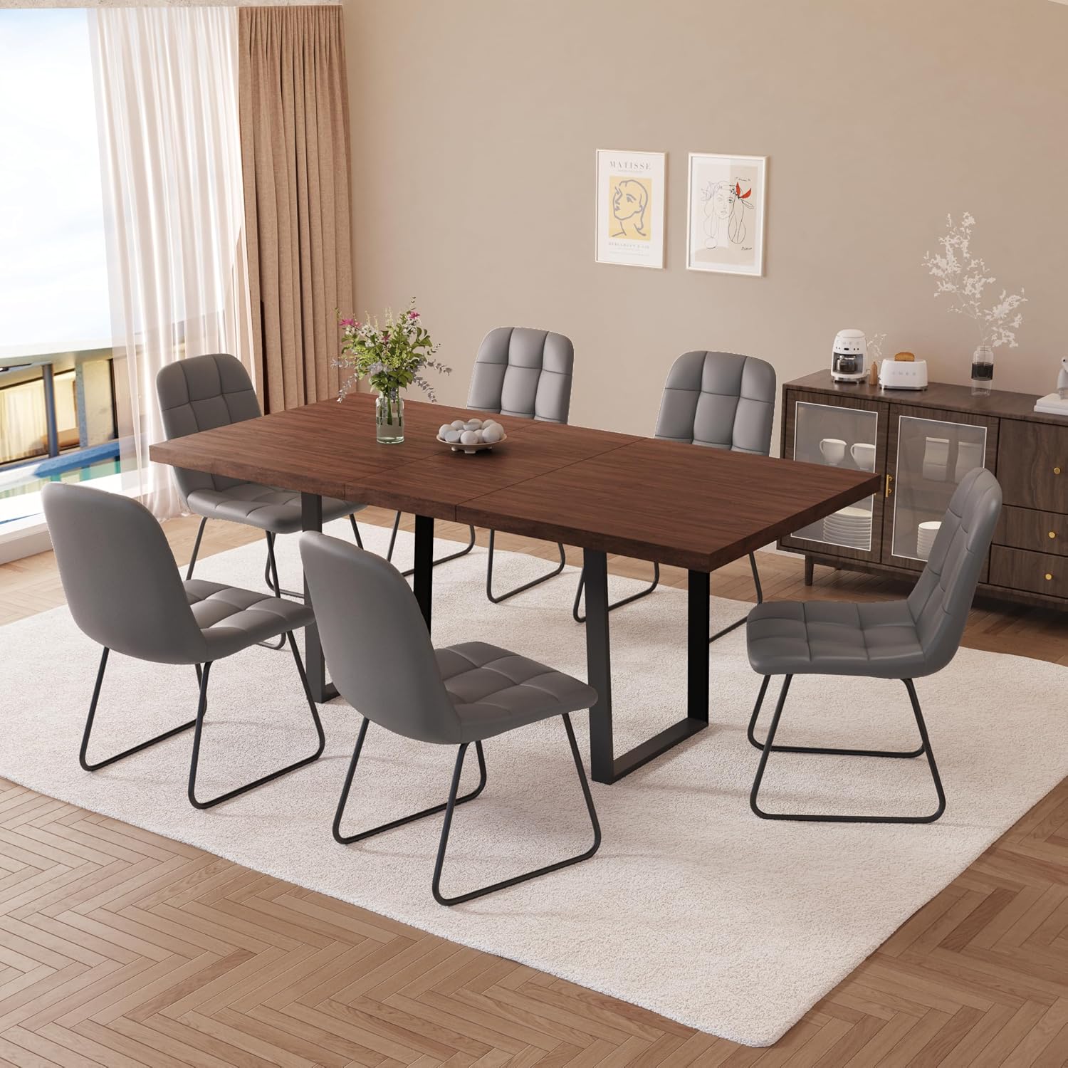ZckyCine Mid-Century Extendable Dining Table Set, 63"-79", 6 Upholstered Chairs