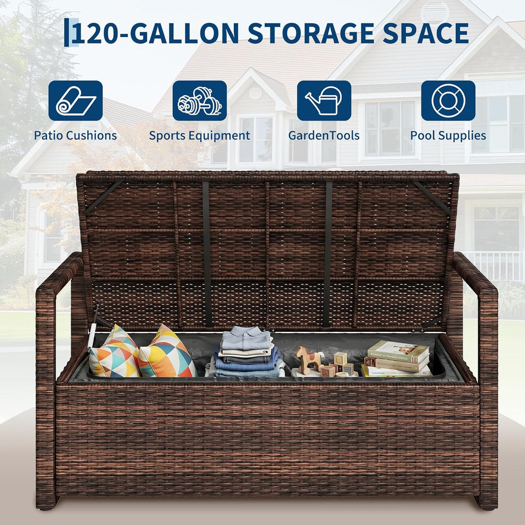 75 Gallon Outdoor Storage Bench with Cushion, 2-Seater PE Rattan Patio Storage Box with Backrest & Armrests, Weatherproof Lockable Deck Box for Garden, Balcony, Porch, Pool, Yard, Dark Brown