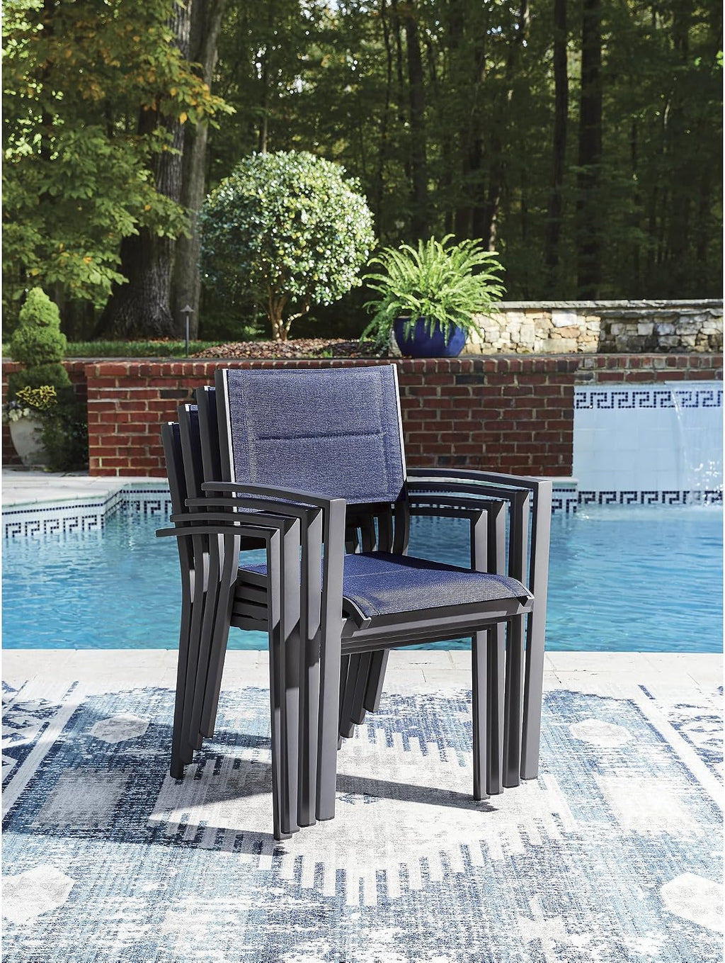 Signature Design by Ashley Point Bonita Set of 4 Outdoor Chairs with Padded Sling Seat, Stackable Aluminum Lounge Chairs for Patio and Porch Seating, Gray Frame with Blue Sling