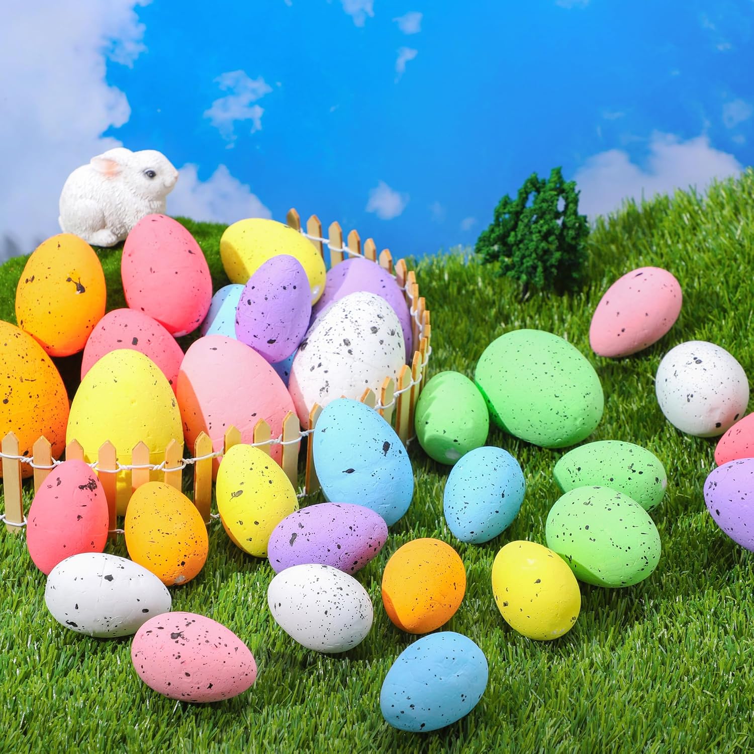JOYIN 32Pcs Easter Foam Eggs, Pastel Speckled Assorted Easter Eggs for Indoor Table Centerpiece Decoration, Party Favor, Bowl Fillers Wreath Garland